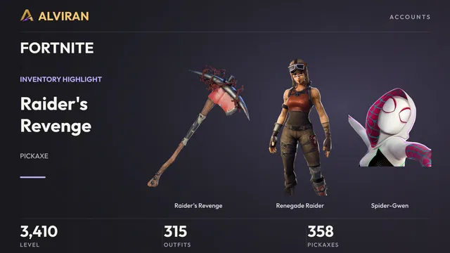 FORTNITE · Level 3410 · Raider's Revenge, Renegade Raider, Spider-Gwen