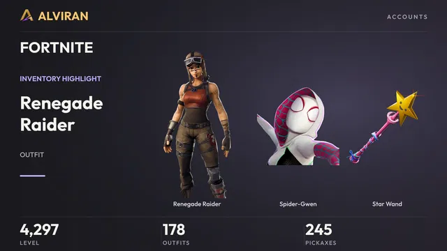 FORTNITE · Level 4297 · Renegade Raider, Spider-Gwen, Star Wand