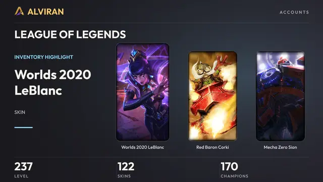 LEAGUE OF LEGENDS · Level 237 · Worlds 2020 LeBlanc, Red Baron Corki, Mecha Zero Sion