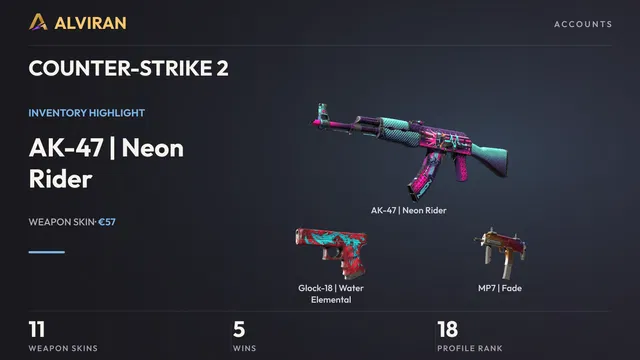 COUNTER-STRIKE 2 · Level 18 · AK-47 | Neon Rider · Field-Tested, Glock-18 | Water Elemental · Field-Tested, MP7 | Fade · Minimal Wear
