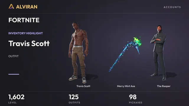 FORTNITE · Level 1602 · Travis Scott, Merry Mint Axe, The Reaper