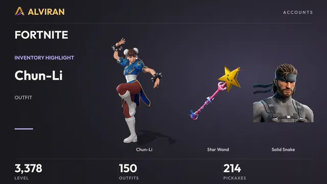 FORTNITE · Level 3378 · Chun-Li, Star Wand, Solid Snake