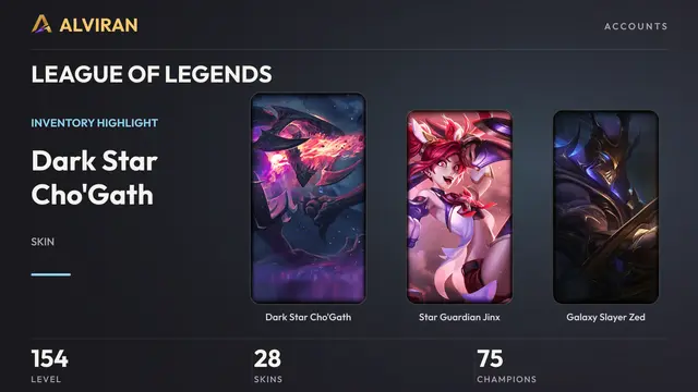 LEAGUE OF LEGENDS · Level 154 · Dark Star Cho'Gath, Star Guardian Jinx, Galaxy Slayer Zed