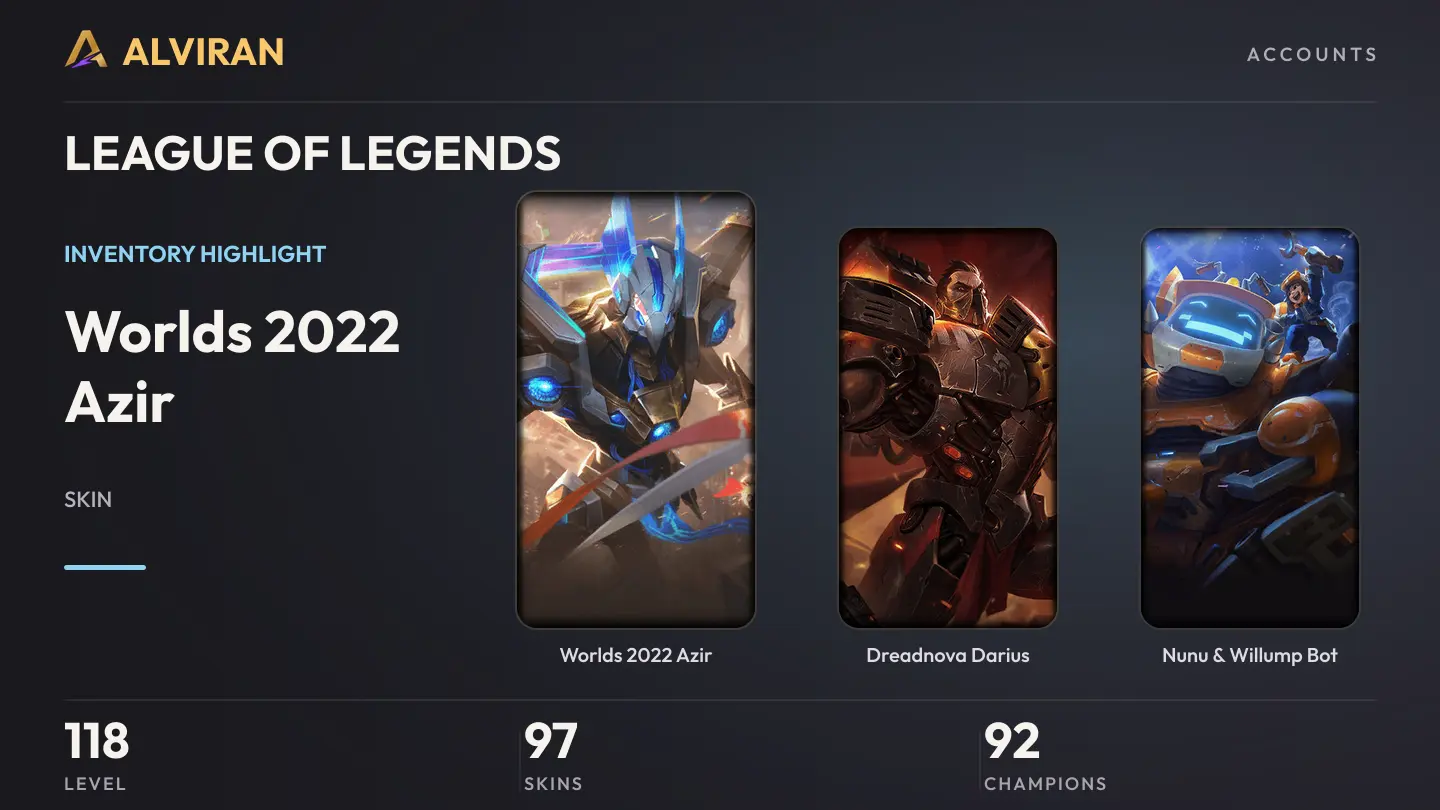 LEAGUE OF LEGENDS · Level 118 · Worlds 2022 Azir, Dreadnova Darius, Nunu & Willump Bot