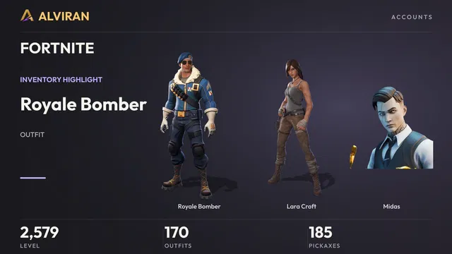 FORTNITE · Level 2579 · Royale Bomber, Lara Croft, Midas