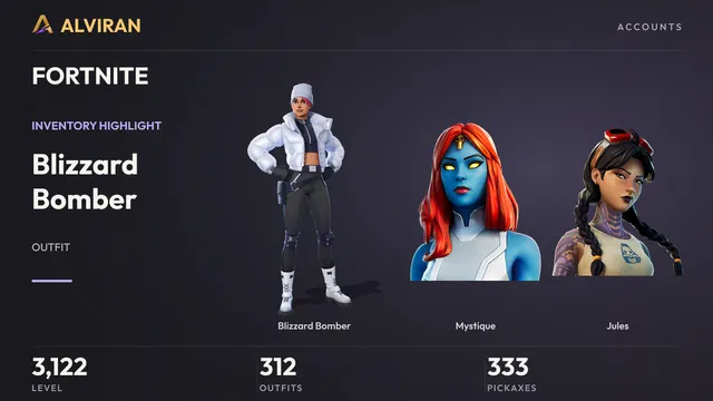 FORTNITE · Level 3122 · Blizzard Bomber, Mystique, Jules