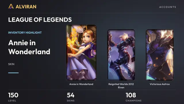 LEAGUE OF LEGENDS · Level 150 · Annie in Wonderland, Reignited Worlds 2012 Riven, Victorious Aatrox