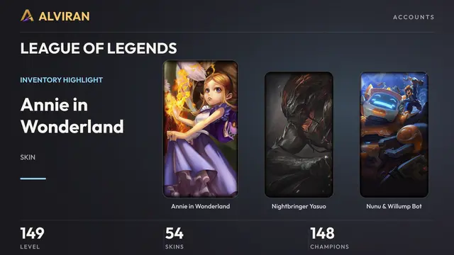 LEAGUE OF LEGENDS · Level 149 · Annie in Wonderland, Nightbringer Yasuo, Nunu & Willump Bot