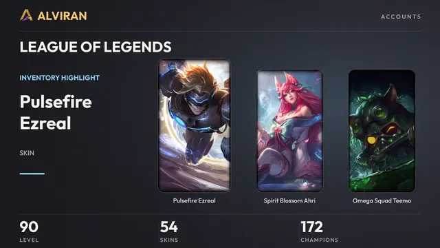 LEAGUE OF LEGENDS · Level 90 · Pulsefire Ezreal, Spirit Blossom Ahri, Omega Squad Teemo