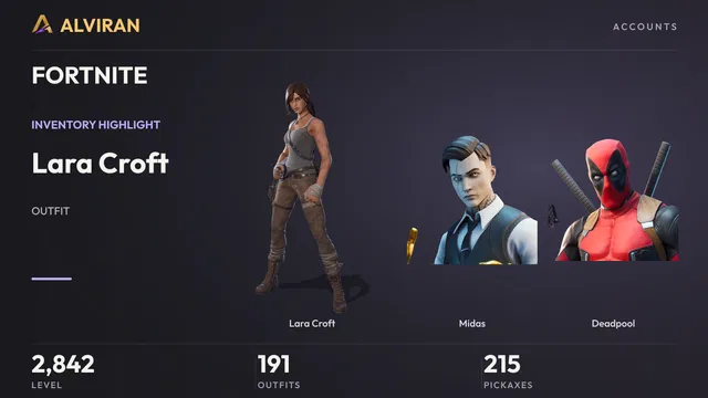 FORTNITE · Level 2842 · Lara Croft, Midas, Deadpool