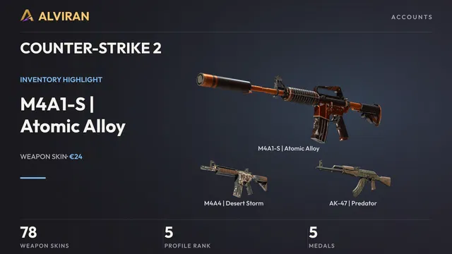 COUNTER-STRIKE 2 · Level 5 · M4A1-S | Atomic Alloy · Field-Tested, M4A4 | Desert Storm · Well-Worn, AK-47 | Predator · Battle-Scarred