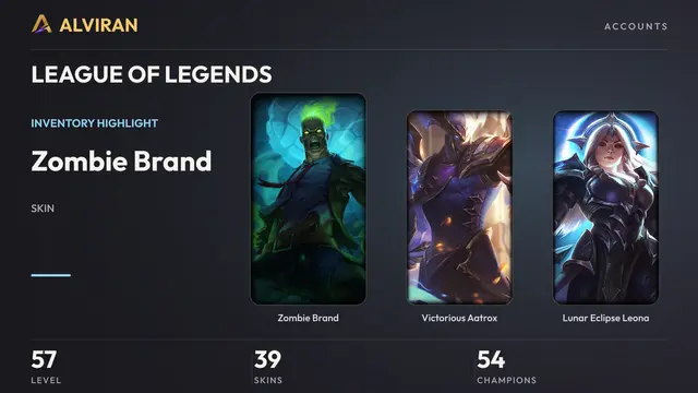 LEAGUE OF LEGENDS · Level 57 · Zombie Brand, Victorious Aatrox, Lunar Eclipse Leona
