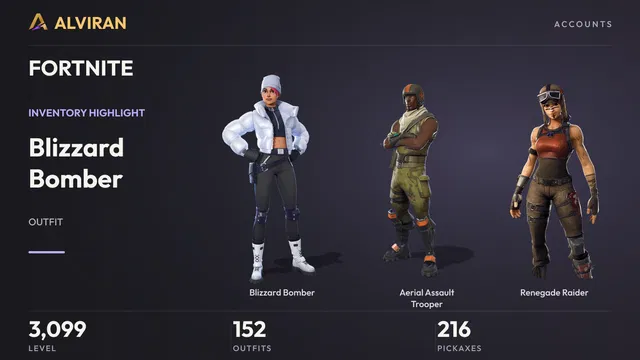 FORTNITE · Level 3099 · Blizzard Bomber, Aerial Assault Trooper, Renegade Raider