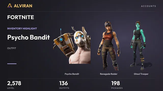 FORTNITE · Level 2578 · Psycho Bandit, Renegade Raider, Ghoul Trooper