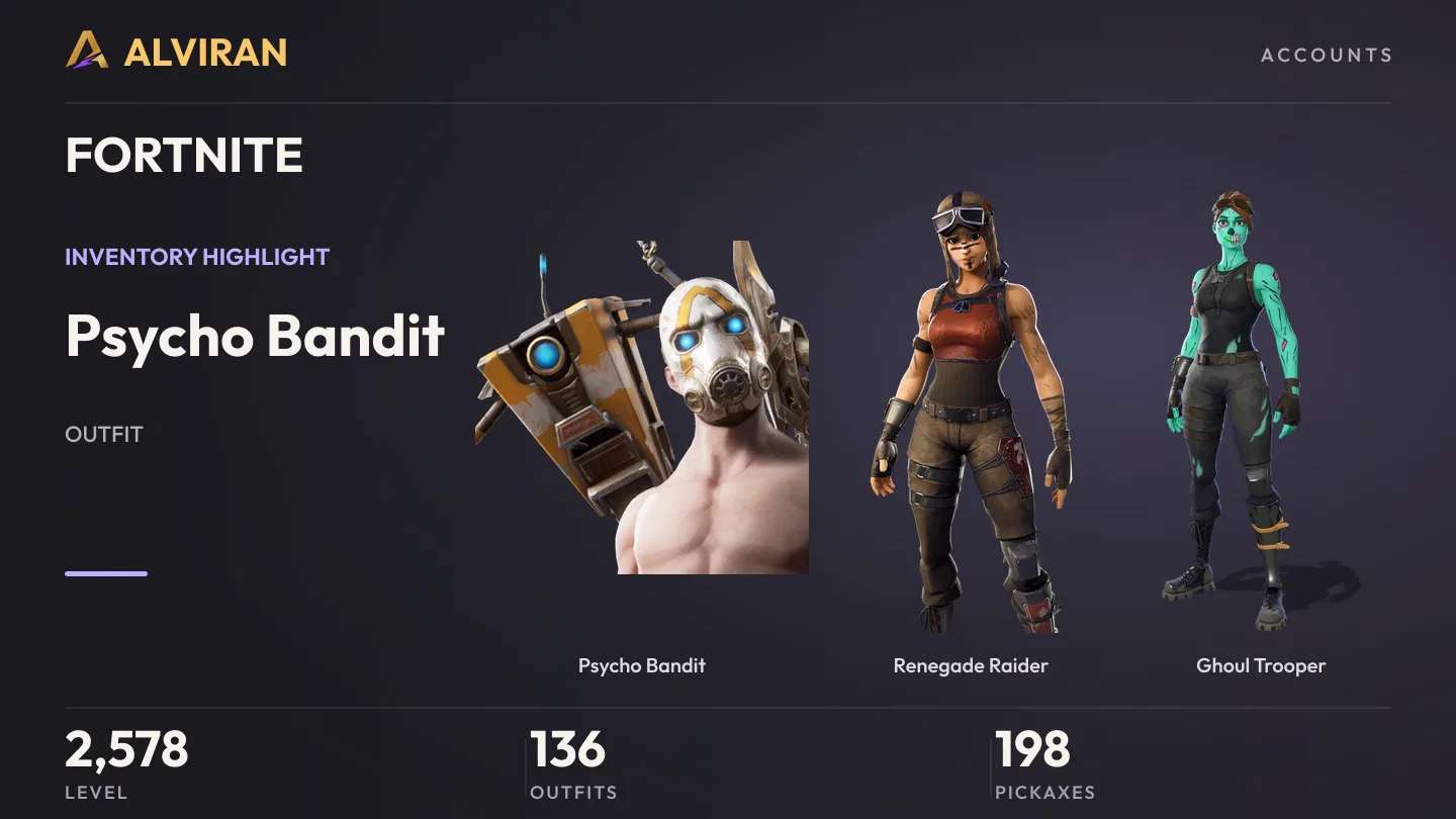 FORTNITE · Level 2578 · Psycho Bandit, Renegade Raider, Ghoul Trooper