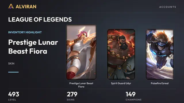 LEAGUE OF LEGENDS · Level 493 · Prestige Lunar Beast Fiora, Spirit Guard Udyr, Pulsefire Ezreal