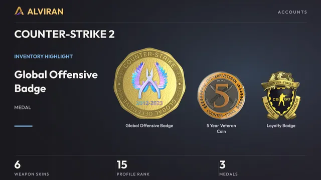 COUNTER-STRIKE 2 · Level 15 · Global Offensive Badge, 5 Year Veteran Coin, Loyalty Badge