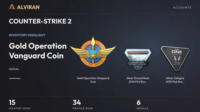 COUNTER-STRIKE 2 · Level 34 · Gold Operation Vanguard Coin, Silver DreamHack 2014 Pick'Em Trophy, Silver Cologne 2015 Pick'Em Trophy