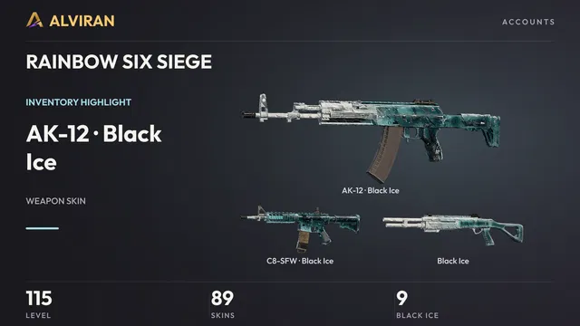 RAINBOW SIX SIEGE · Level 115 · Black Ice · AK-12, Black Ice · C8-SFW, Black Ice