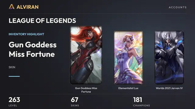LEAGUE OF LEGENDS · Level 263 · Gun Goddess Miss Fortune, Elementalist Lux, Worlds 2021 Jarvan IV
