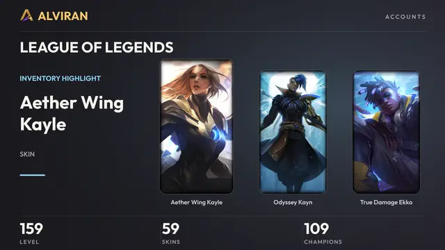 LEAGUE OF LEGENDS · Level 159 · Aether Wing Kayle, Odyssey Kayn, True Damage Ekko