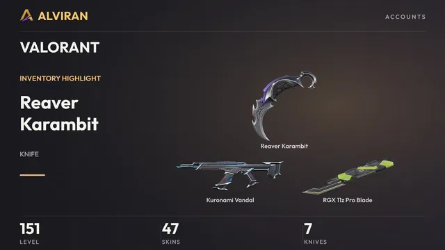 VALORANT · Level 151 · Reaver Karambit · Melee, Kuronami Vandal, RGX 11z Pro Blade · Melee