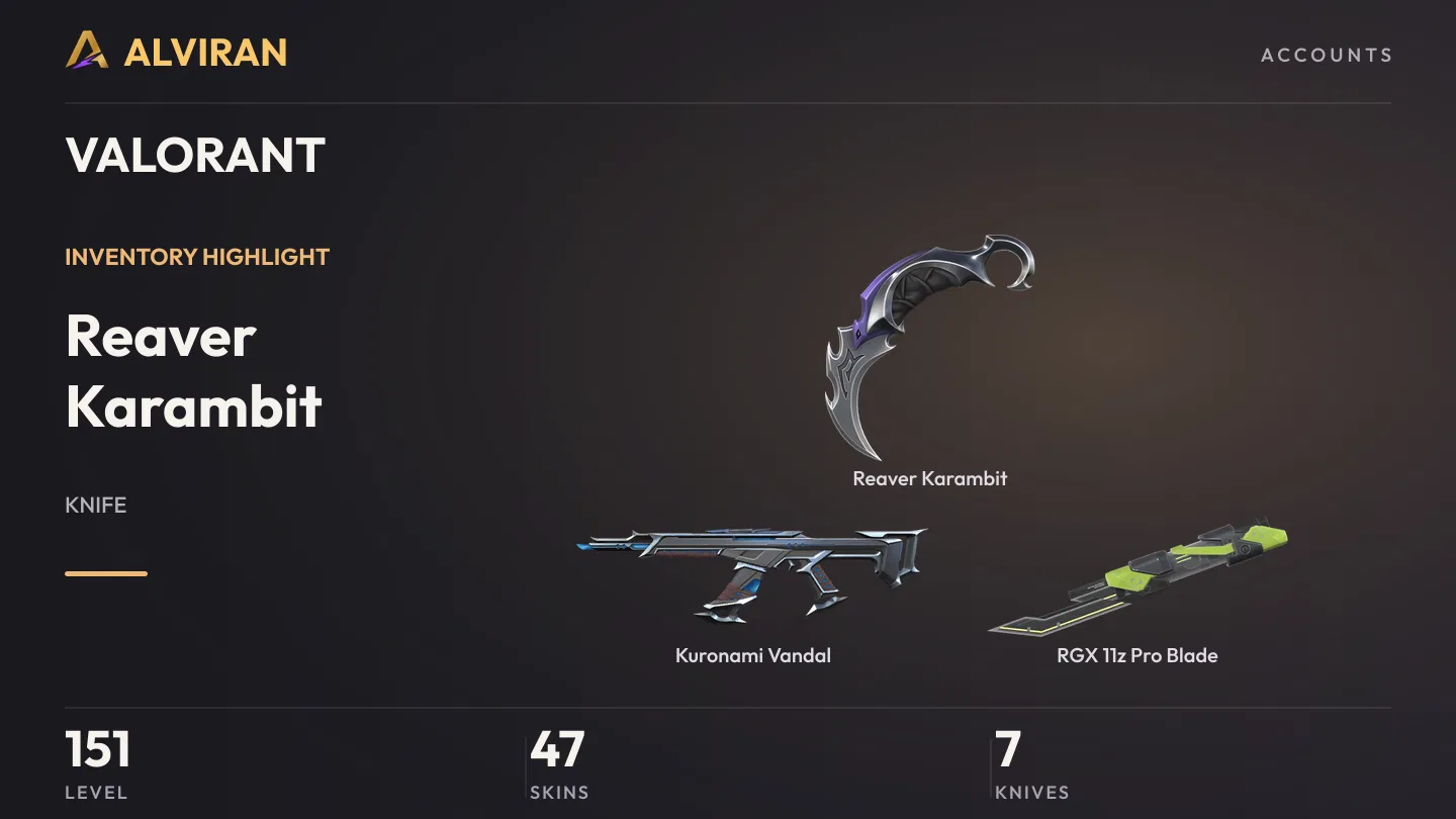 VALORANT · Level 151 · Reaver Karambit · Melee, Kuronami Vandal, RGX 11z Pro Blade · Melee