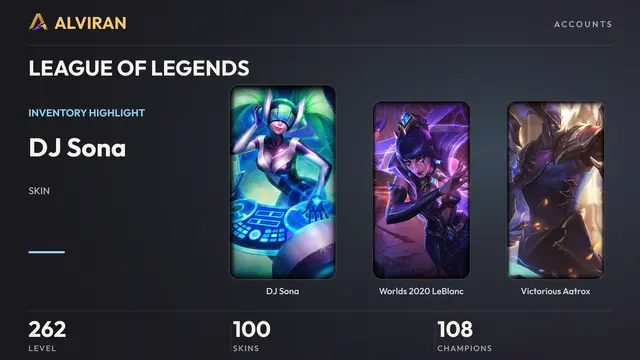 LEAGUE OF LEGENDS · Level 262 · DJ Sona, Worlds 2020 LeBlanc, Victorious Aatrox