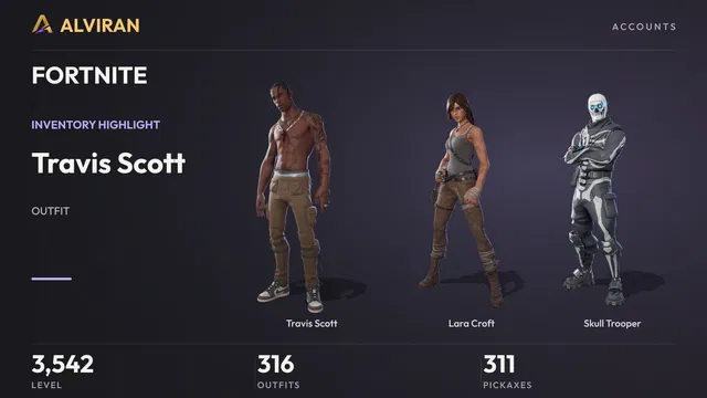 FORTNITE · Level 3542 · Travis Scott, Lara Croft, Skull Trooper