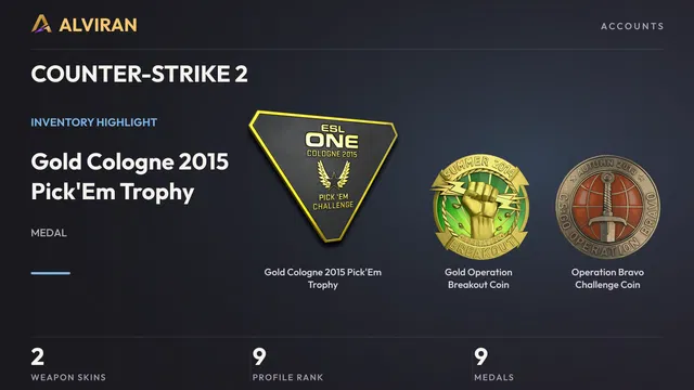 COUNTER-STRIKE 2 · Level 9 · Gold Cologne 2015 Pick'Em Trophy, Gold Operation Breakout Coin, Operation Bravo Challenge Coin