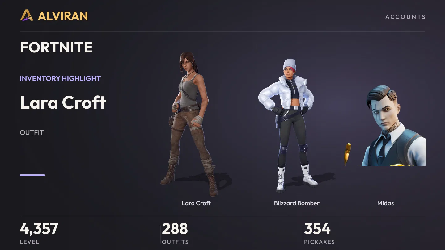 FORTNITE · Level 4357 · Lara Croft, Blizzard Bomber, Midas