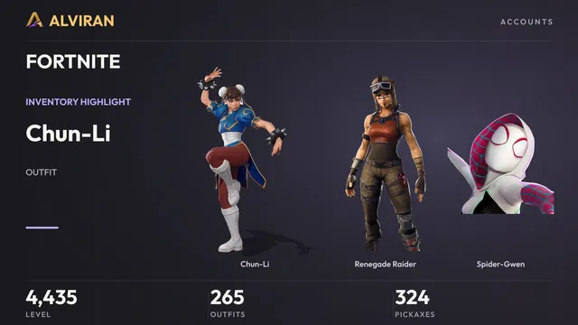 FORTNITE · Level 4435 · Chun-Li, Renegade Raider, Spider-Gwen