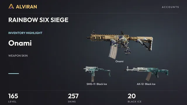RAINBOW SIX SIEGE · Level 165 · Onami, Black Ice · SMG-11, Black Ice · AK-12