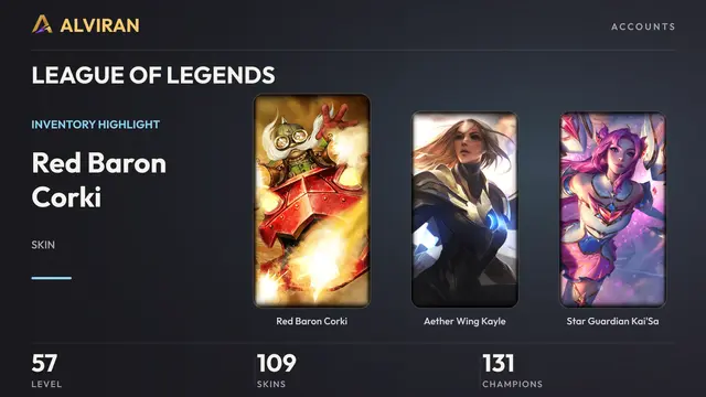 LEAGUE OF LEGENDS · Level 57 · Red Baron Corki, Aether Wing Kayle, Star Guardian Kai'Sa