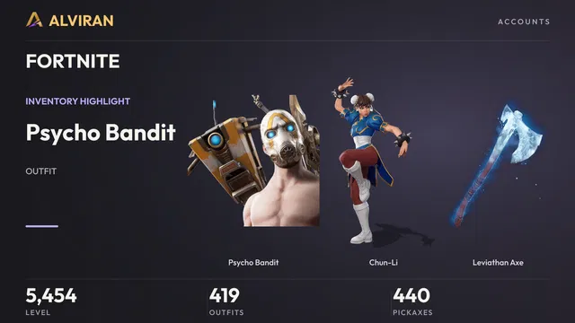 FORTNITE · Level 5454 · Psycho Bandit, Chun-Li, Leviathan Axe