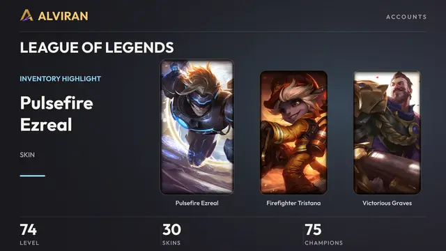 LEAGUE OF LEGENDS · Level 74 · Pulsefire Ezreal, Firefighter Tristana, Victorious Graves