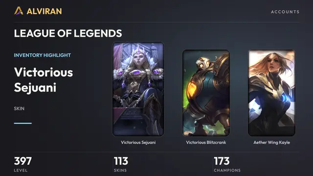LEAGUE OF LEGENDS · Level 397 · Victorious Sejuani, Victorious Blitzcrank, Aether Wing Kayle