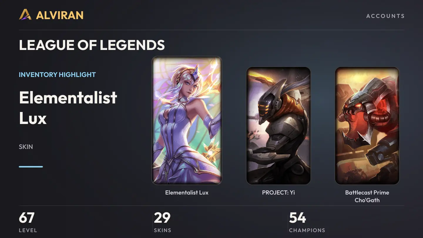 LEAGUE OF LEGENDS · Level 67 · Elementalist Lux, PROJECT: Yi, Battlecast Prime Cho'Gath