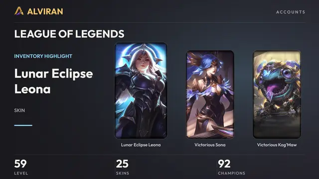 LEAGUE OF LEGENDS · Level 59 · Lunar Eclipse Leona, Victorious Sona, Victorious Kog'Maw