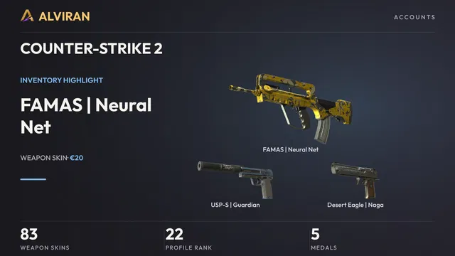 COUNTER-STRIKE 2 · Level 22 · FAMAS | Neural Net · Factory New, USP-S | Guardian · Factory New, Desert Eagle | Naga · Minimal Wear