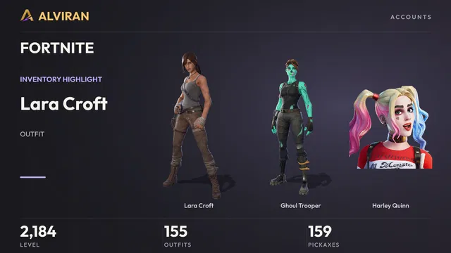 FORTNITE · Level 2184 · Lara Croft, Ghoul Trooper, Harley Quinn