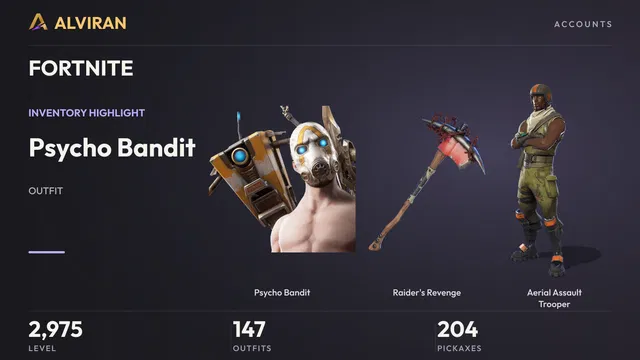 FORTNITE · Level 2975 · Psycho Bandit, Raider's Revenge, Aerial Assault Trooper