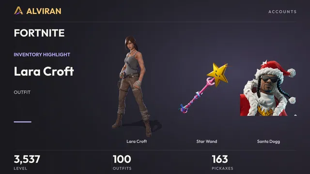 FORTNITE · Level 3537 · Lara Croft, Star Wand, Santa Dogg