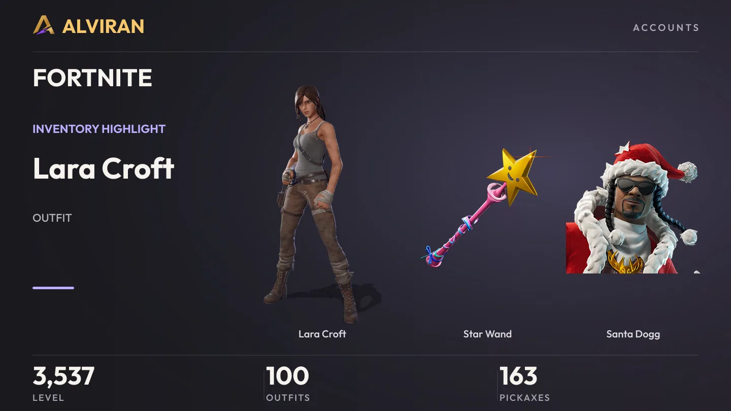FORTNITE · Level 3537 · Lara Croft, Star Wand, Santa Dogg