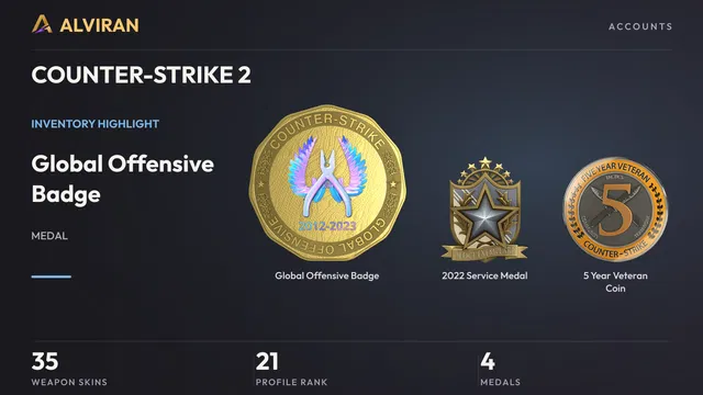COUNTER-STRIKE 2 · Level 21 · Global Offensive Badge, 2022 Service Medal, 5 Year Veteran Coin