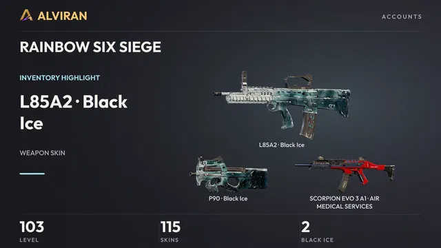 RAINBOW SIX SIEGE · Level 103 · Black Ice · L85A2, Black Ice · P90, AIR MEDICAL SERVICES · SCORPION EVO 3 A1