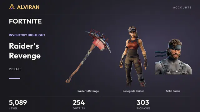 FORTNITE · Level 5089 · Raider's Revenge, Renegade Raider, Solid Snake