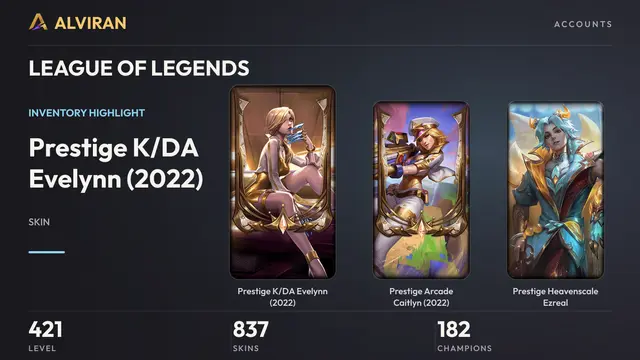 LEAGUE OF LEGENDS · Level 421 · Prestige K/DA Evelynn (2022), Prestige Arcade Caitlyn (2022), Prestige Heavenscale Ezreal