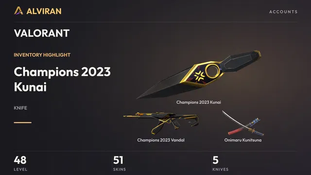 VALORANT · Level 48 · Champions 2023 Kunai · Melee, Champions 2023 Vandal, Onimaru Kunitsuna · Melee
