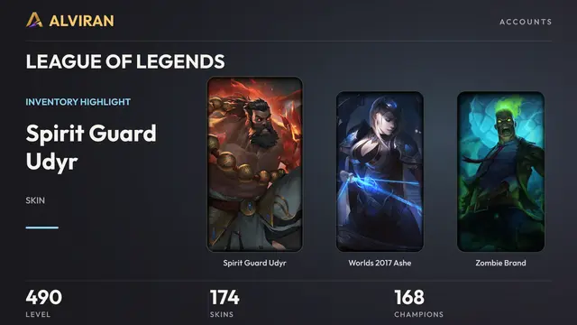 LEAGUE OF LEGENDS · Level 490 · Spirit Guard Udyr, Worlds 2017 Ashe, Zombie Brand